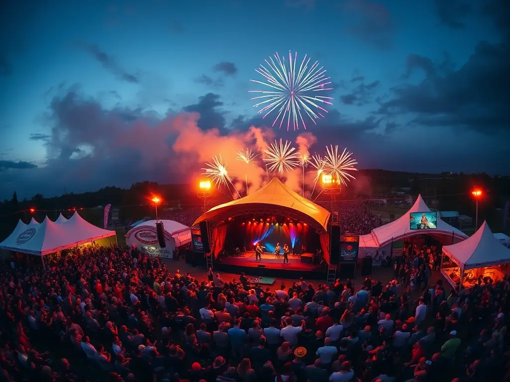 A dynamic aerial video capturing the energy and excitement of a local festival in Georgia, with drone footage of the crowds, stage performances, and fireworks display.