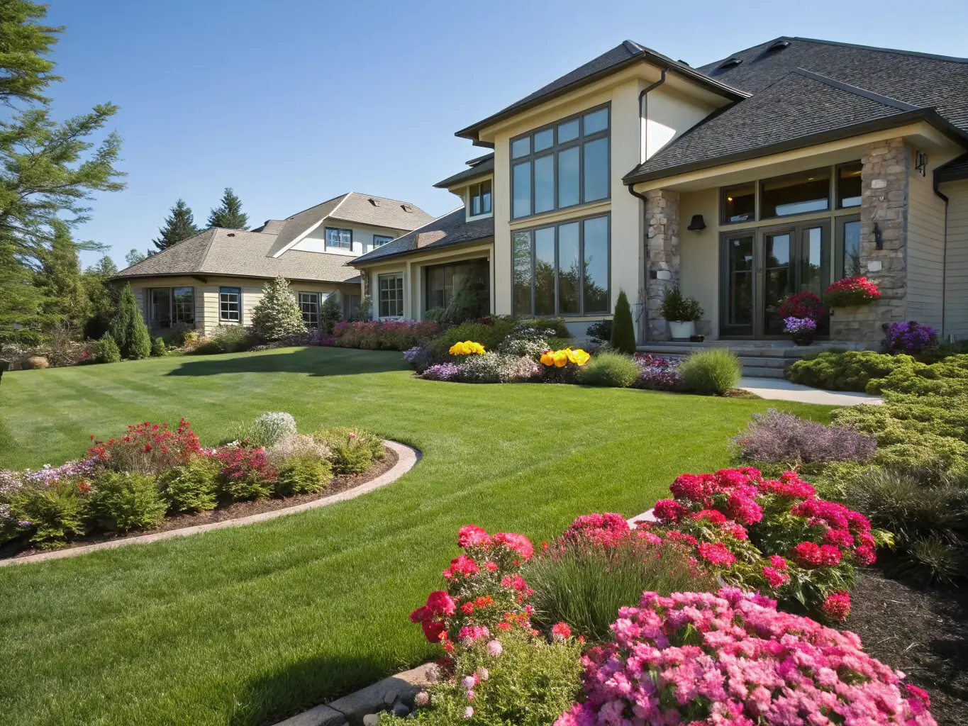 A high-resolution drone shot of a residential property with lush landscaping and a clear blue sky, showcasing the property from an aerial perspective.