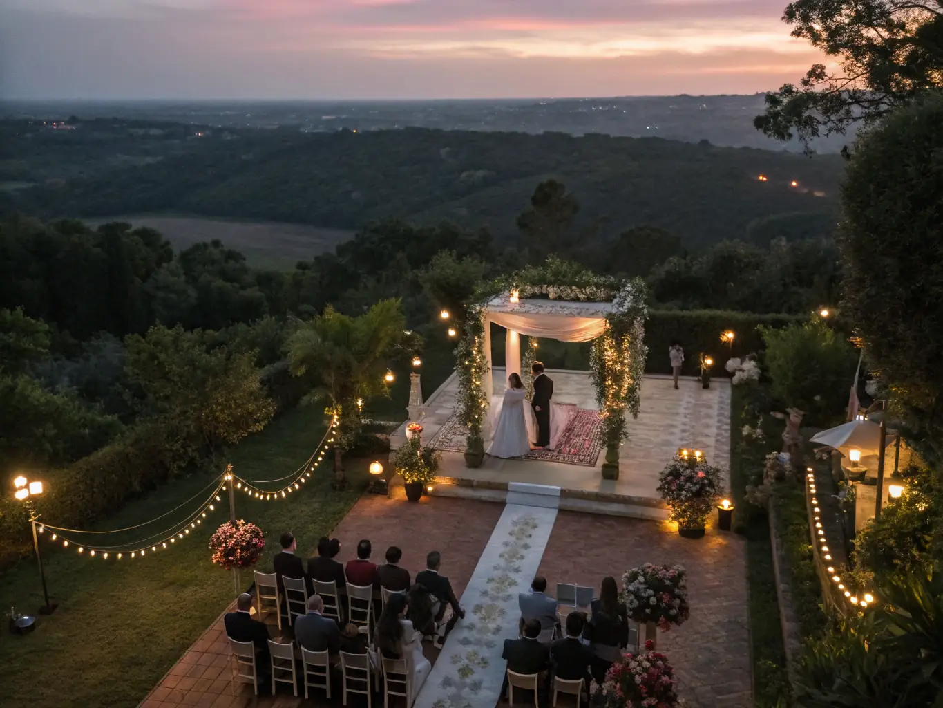 A drone capturing a wedding ceremony from above, with guests and scenic background, highlighting the event's scale and excitement.