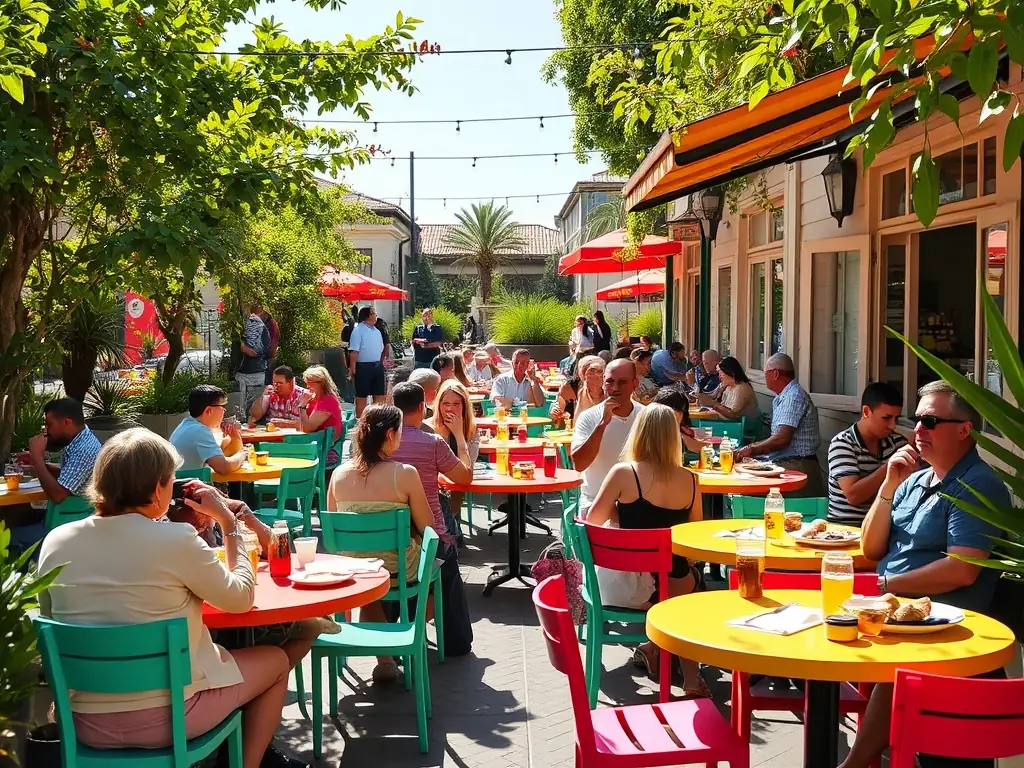 An eye-catching aerial image of a local café in Georgia, showcasing its outdoor seating area and vibrant atmosphere, perfect for social media marketing and attracting new customers.