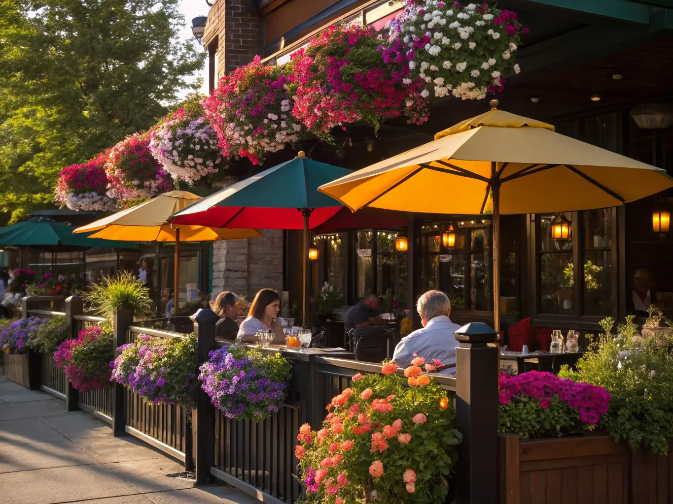 Aerial shot of a local café with outdoor seating and vibrant surroundings, perfect for showcasing the business's atmosphere.